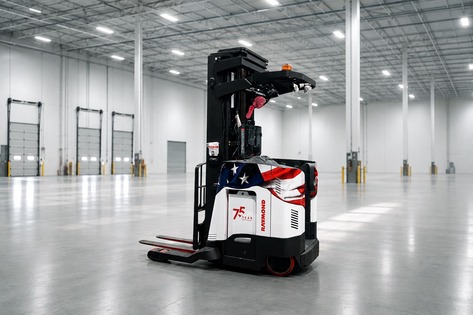Raymond Reach-Fork Truck featuring an American flag design commemorating the 75th anniversary of the Raymond Reach-Fork patent