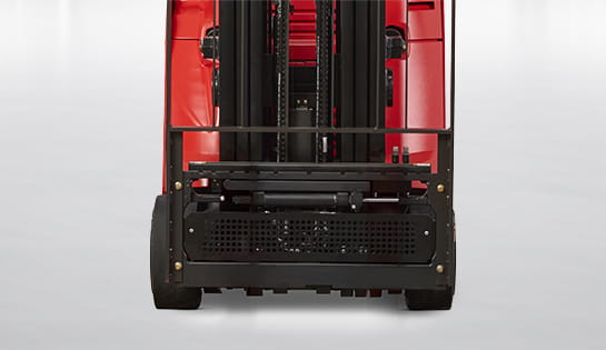 Front carriage view of Raymond stand-up forklift without forks attached.