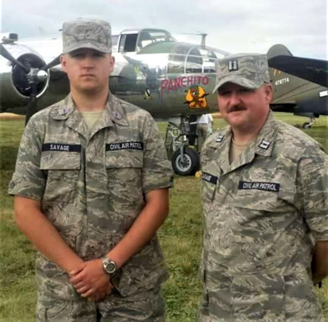 Steve Savage and Son in front of B-12 Mitchell Bomber